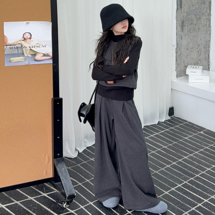 女童秋冬新款高级感毛呢时尚马甲背心打底衫阔腿裙裤气质三件套韩
