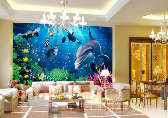 海底世界自粘墙贴画儿童房主题酒店婴儿游泳馆海豚3D立体海洋壁纸