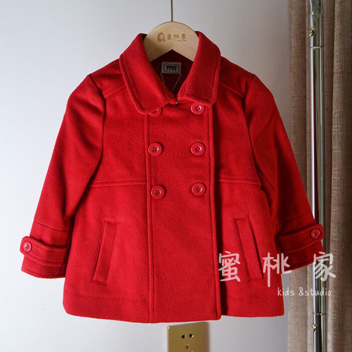 品牌童装女小童羊毛呢大衣外套红呢大衣