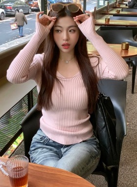 fusyychoic春秋裴秀女智吊带粉色毛衣假两件V领纯欲风打底针织衫