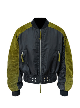s45短款绿色植绒拼接撞色空军ma-1廓形弯刀袖裁剪修身飞行夹克