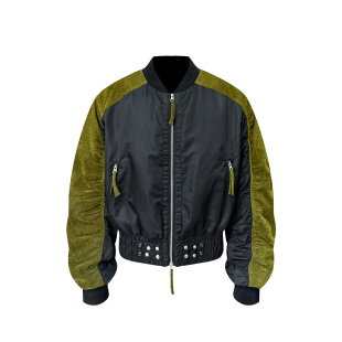 s45短款 1廓形弯刀袖 裁剪修身 飞行夹克 绿色植绒拼接撞色空军ma