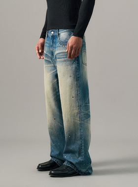 s45 宝石水洗牛仔裤男女同款秋季新款美式休闲直筒长裤