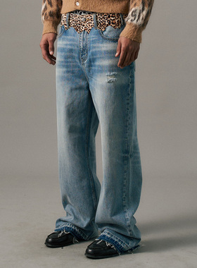 【王安宇同款】s45豹纹拼贴微喇牛仔裤水洗直筒微阔长裤休闲下装