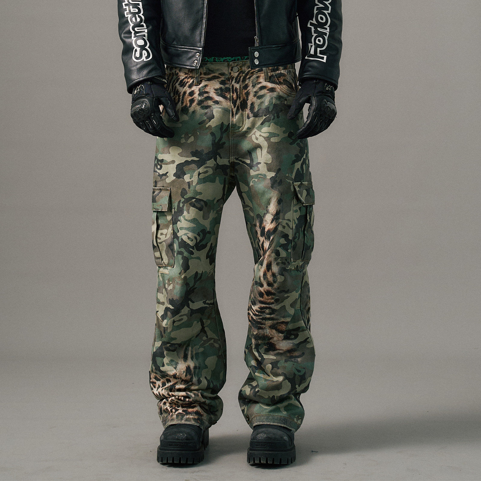 S45 豹纹迷彩3d打印长裤男士春夏美式复古休闲百搭直筒宽松长裤