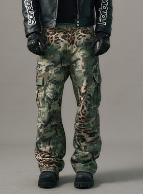 s45 豹纹迷彩打印长裤男士秋冬美式休闲百搭直筒长裤