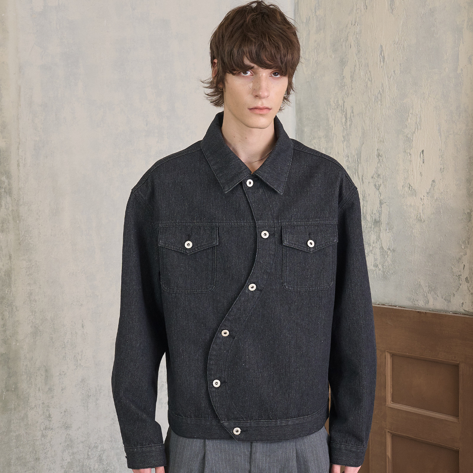 s45 金线原牛夹克 扭曲斜门襟休闲百搭短宽版型牛仔外套上装男女