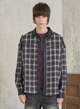 s45早春拼皮格纹铆钉长袖衬衫复古军式拼接格子外套夹克男女