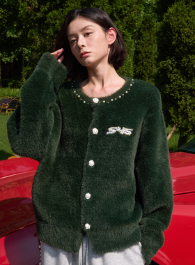 s45墨绿色珍珠毛织厚开衫男士秋季新款毛衣外套情侣装