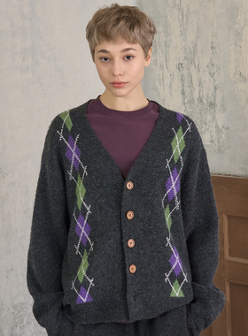 s45复古美式休闲菱形格烫钻针织开衫毛衣