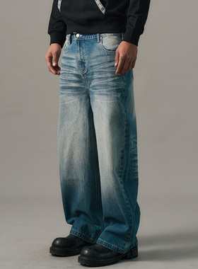 s45 斜门襟弯刀牛仔裤纯色阔腿裤男秋季美式街头宽松长裤