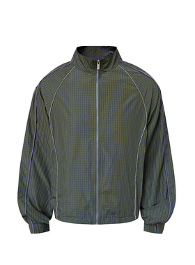 s45春夏格纹复古梭织插肩长袖夹克紫色条纹拉链立领外套男女