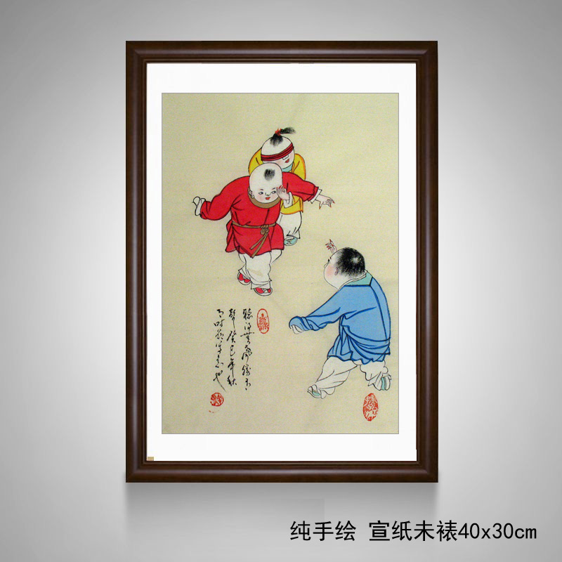 手绘真迹小品人物画孩童玩耍图儿童教育画幼儿园挂画教室装饰带框图片