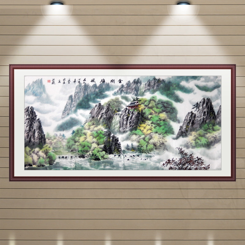 国画手绘彩墨重彩山水画写意朝鲜画风水靠山四尺客厅书房餐厅装饰