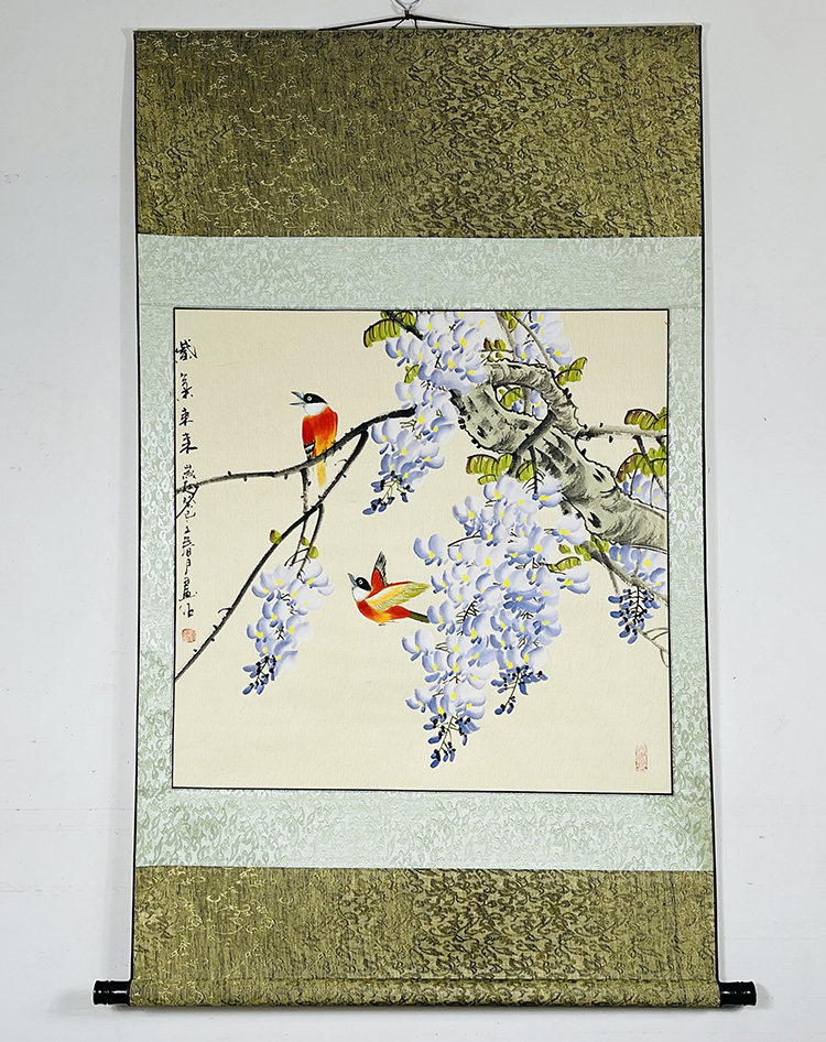 精装裱卷轴挂画手绘写意花鸟画竖幅紫藤紫气东来玄关装饰z3941