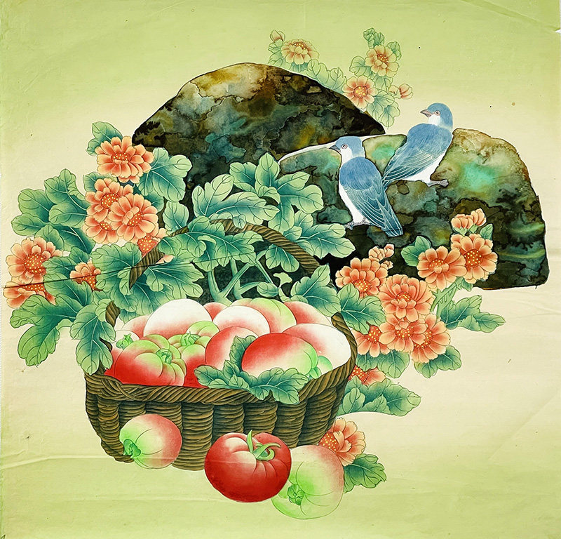 字画捡漏花鸟国画工笔画三尺斗方篮子西红柿纯手绘原稿特价促销
