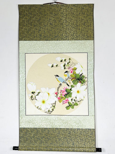 精装裱卷轴挂画手绘水墨工笔花鸟画圆形玉兰花书房装饰画z3939