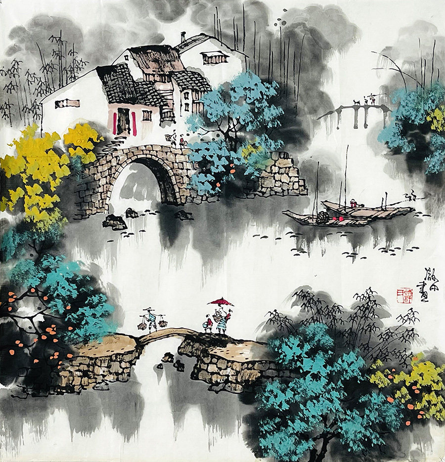 名家原创手绘真迹收藏三尺斗方彩墨山水画风景图玄关装饰江南水乡