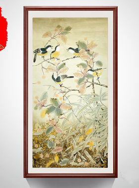 手绘真迹原稿四尺竖幅精品工笔花鸟秋景图 玄关客厅装饰画X28165