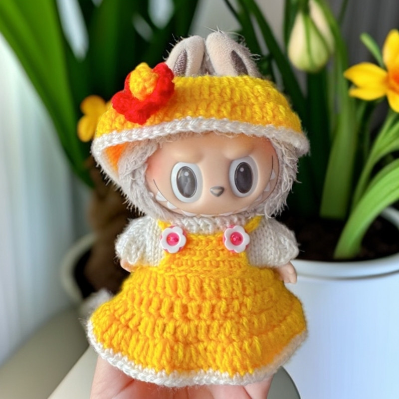 纯手工拉布布labubu挂件黄色小花套装娃衣一二三代通用仅娃衣无娃