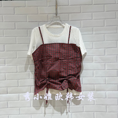 欧洲站2026夏季新款时尚百搭显瘦格子拼接假两件短袖T恤女2001