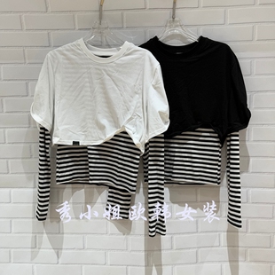T恤女宽松潮89016 百搭圆领拼接条纹长袖 欧洲站2026春季 新JVC时尚