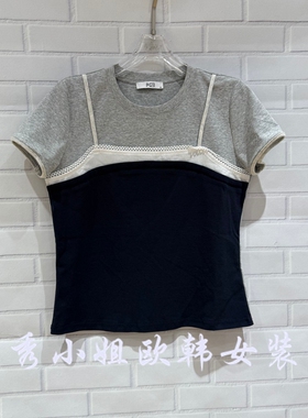 欧洲站2026春季新款PH23百搭圆领拼接蕾丝边短袖T恤女上衣潮5310