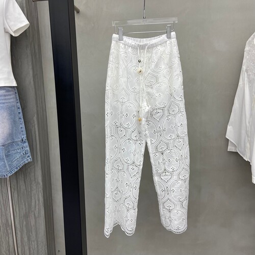 欧洲站2026夏季新款净版松紧腰抽绳镂空钩花宽松直筒阔腿裤R010