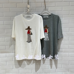 人物印花垫肩短袖 T恤女上衣70258 over百搭圆领无袖 欧洲站2026春季