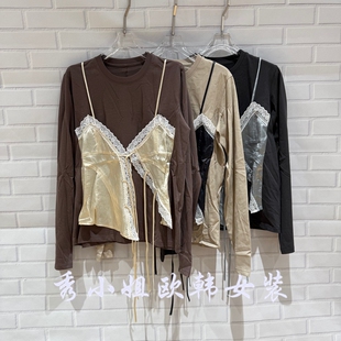 百搭圆领长袖 时尚 假俩件T恤女上衣潮20018 新款 欧洲站2026春季