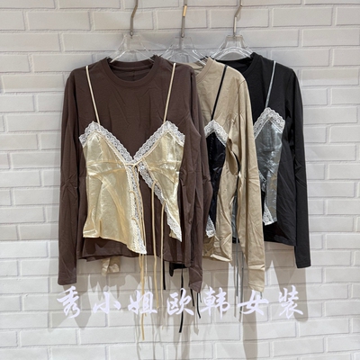 欧洲站2026春季新款时尚百搭圆领长袖假俩件T恤女上衣潮20018