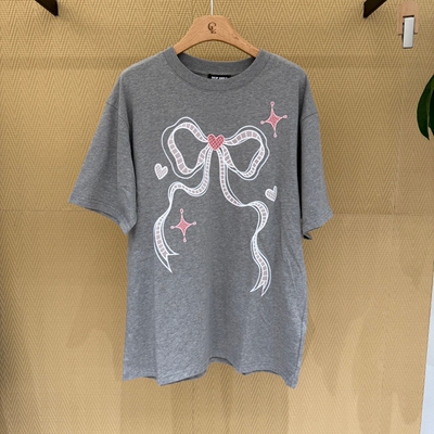 欧洲站2026春季新款休闲风蝴蝶结印花短袖T恤女圆领宽松上衣