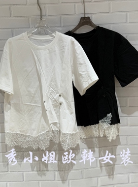 欧洲站2026春季新PH23时尚百搭圆领短袖蕾丝拼接T恤女上衣潮68285