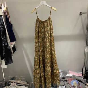 欧洲站2026春季 百搭圆领碎花复古苎麻荷叶边吊带连衣裙8130 新款