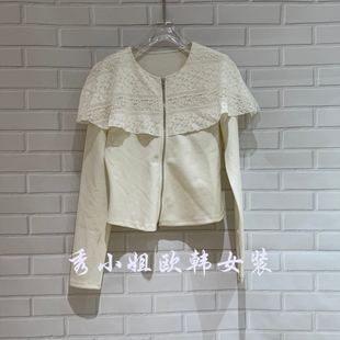 拉链休闲外套女A003 百搭圆领拼接蕾丝花边短款 欧洲站2026春季 新款