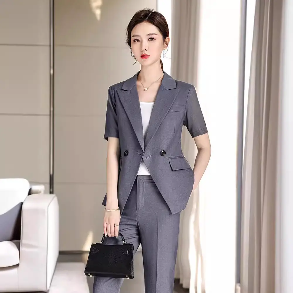 灰色西装外套女薄款短袖气质夏季新款职业装套装女士正装工作西服