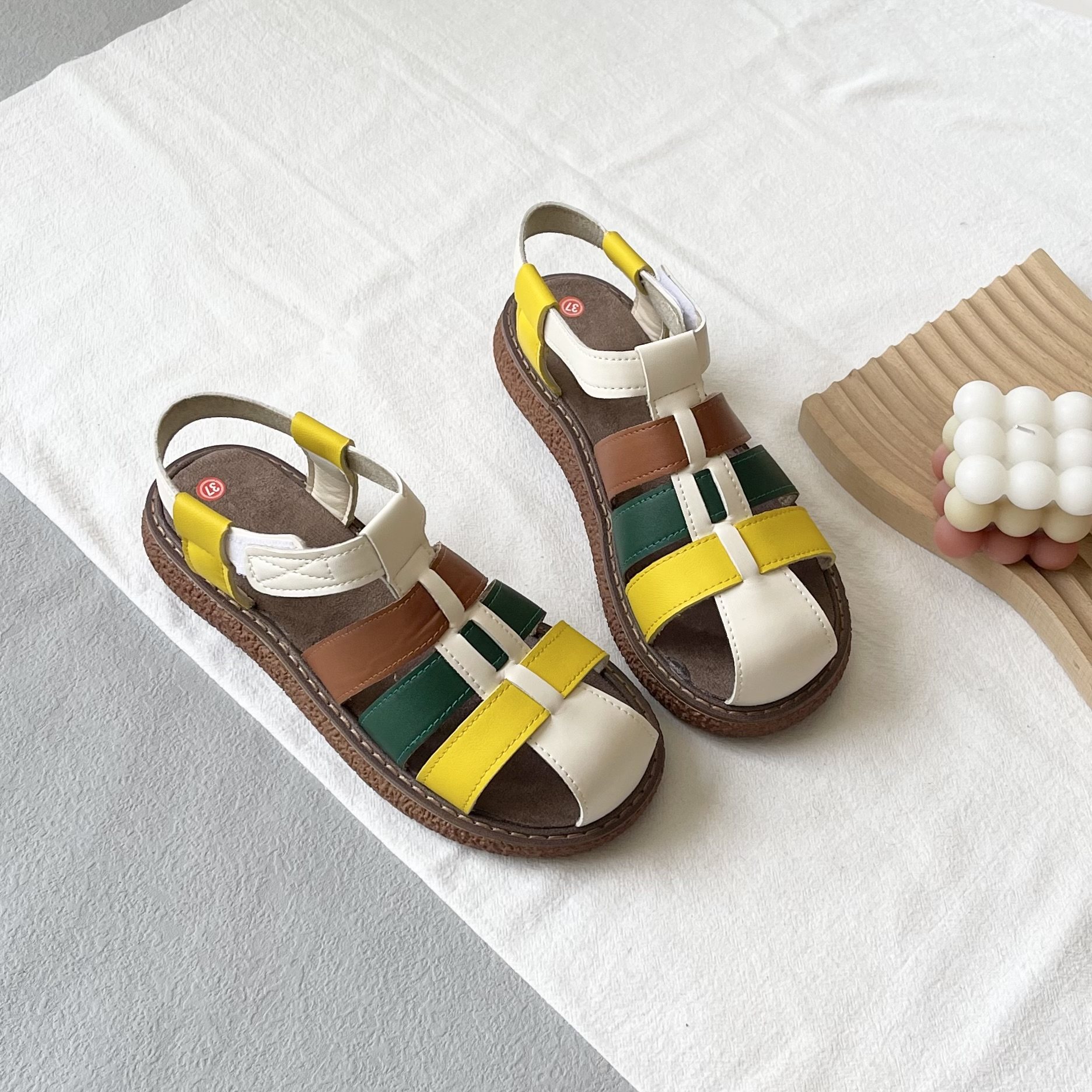 日系大头鞋森系文艺风学生包头凉鞋女厚底夏季罗马镂空拼色洞洞鞋