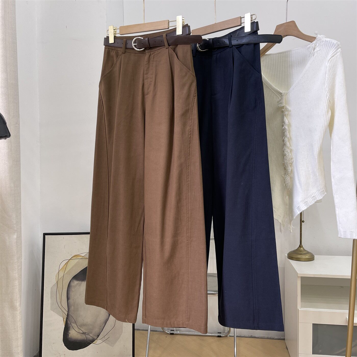 配腰带春季新款高腰宽松显瘦纯色简约百搭直筒阔腿裤K#16