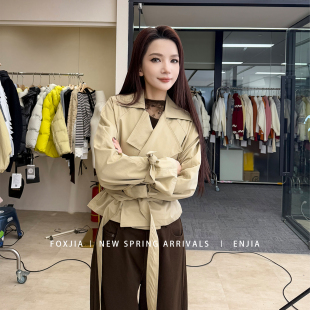 风衣外套女系带收腰宽松显瘦短款 纯色翻领短款 外套 恩佳专享