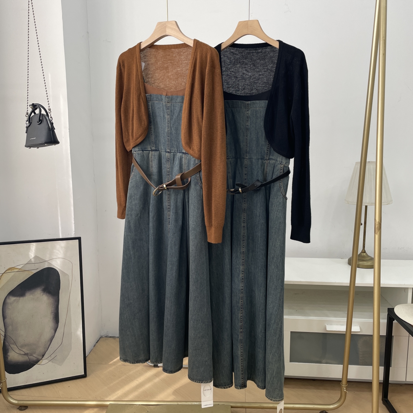 秋季新款两件套修腰显瘦百搭吊带连衣裙+开衫长袖披肩J#16