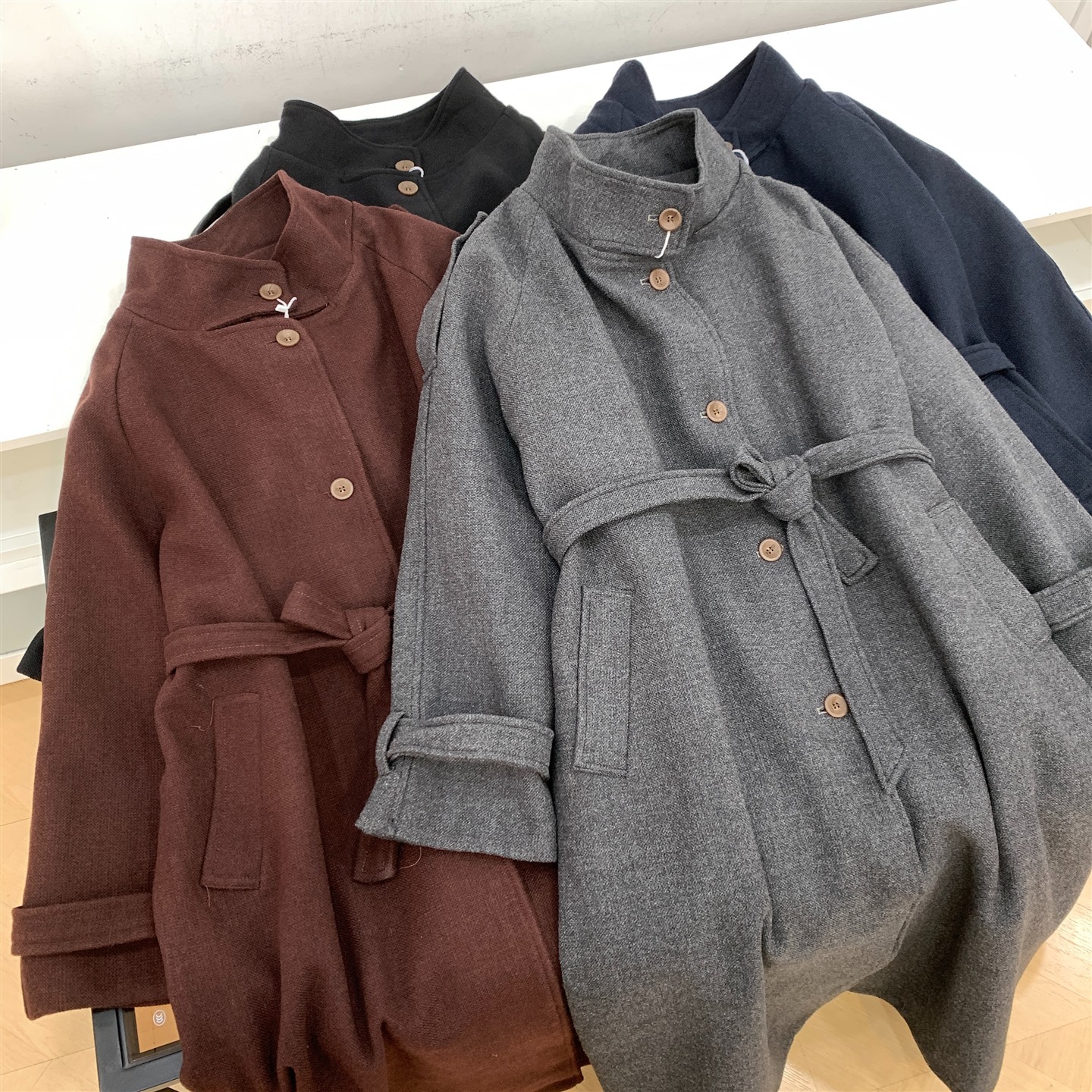 韩版纯色立领系带收腰显瘦大衣女秋冬新款长款外套J#24