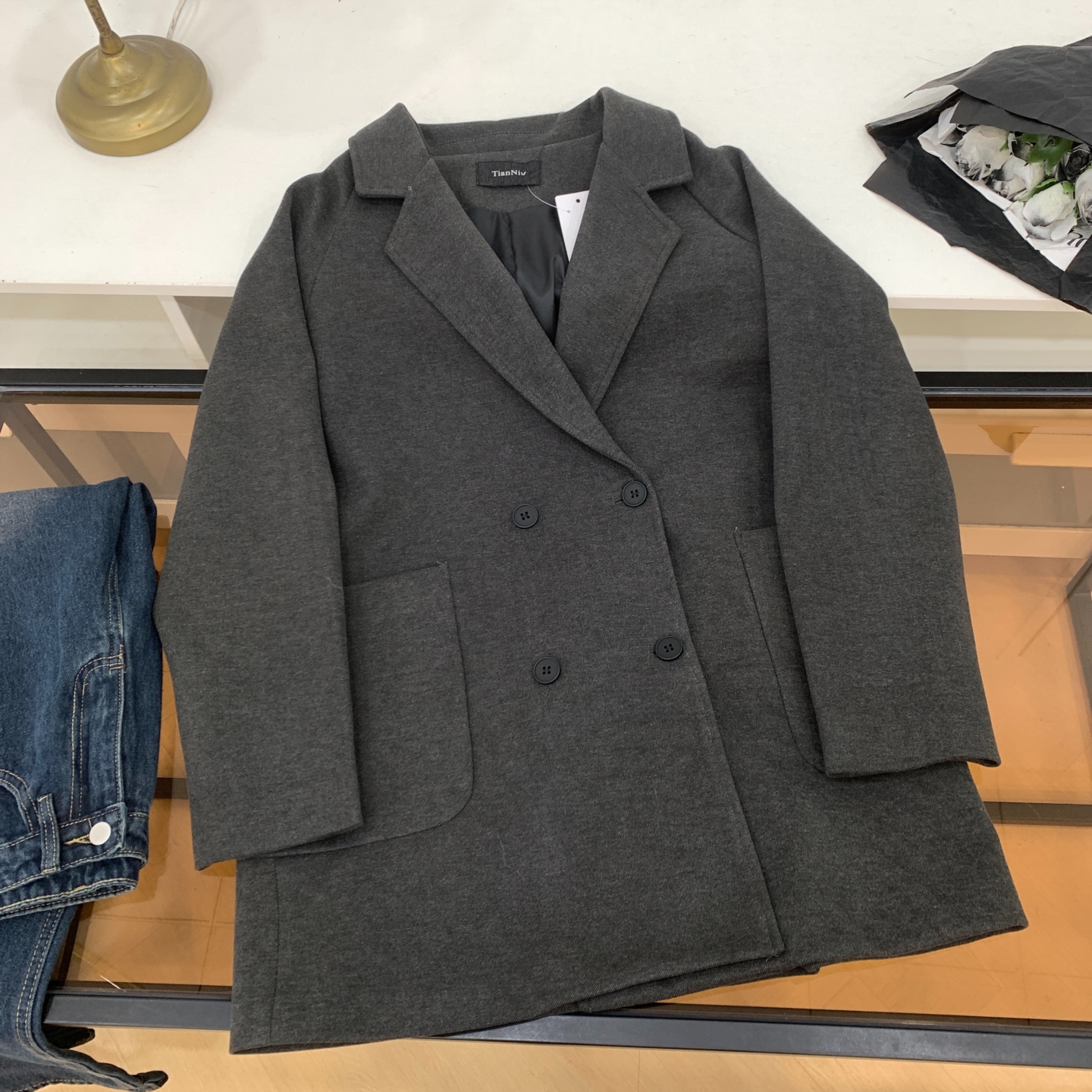 外套秋季新款宽松纯色长袖休闲百搭双排扣上衣 J#24