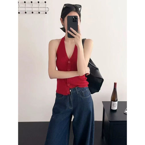 挂脖V领吊带背心女新款辣妹露背无袖上衣修身薄款针织衫 nnassa