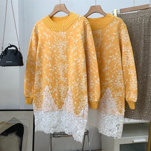 拼接蕾丝边小众设计J 假两件套头圆领长袖 新款 连衣裙秋季