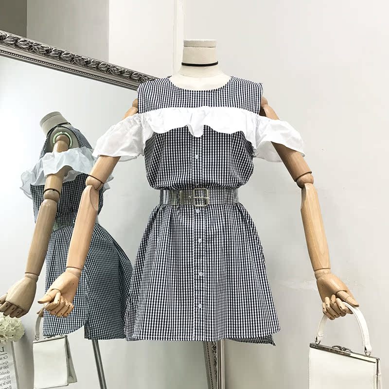 G@19圆领荷叶边格子甜美连衣裙夏季新款显瘦连体裙女【不含腰带】
