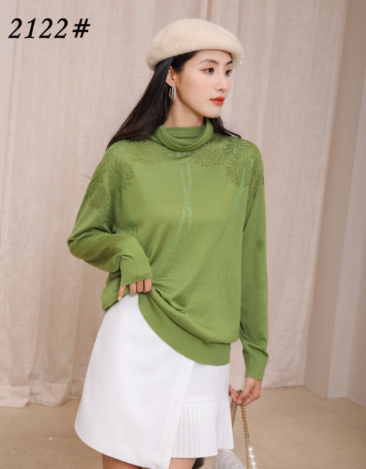 四季舞台爆款 超细天丝羊毛堆堆领打底衫 烟花性感镂空烫钻