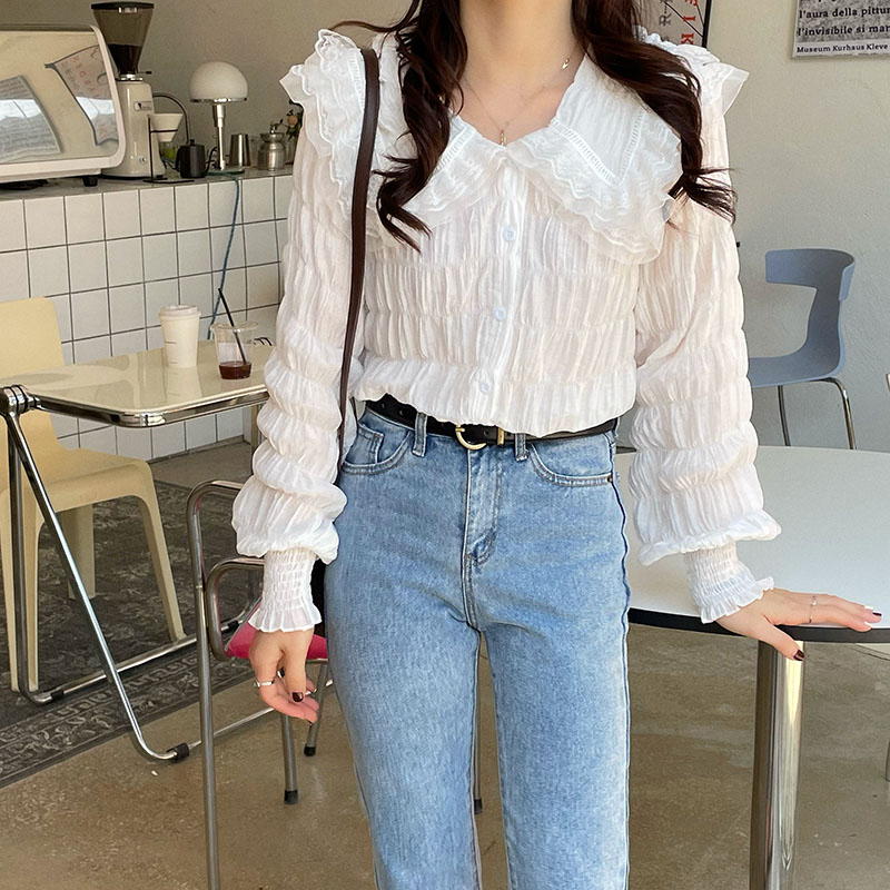 Real price 2021 spring and summer new retro sweet temperament lace pleated process versatile shirt