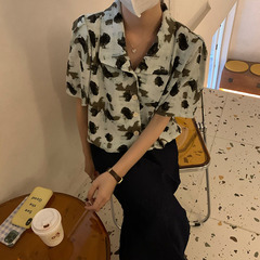 South Korean minority leopard print suit collar short shirt summer women