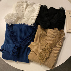 Real shot and real price sweet stitching lace V-neck breasted sweater with flared sleeve and thin knitted base coat
