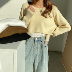 New Korean short round neck knitted long sleeve versatile top